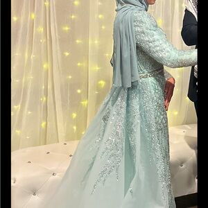 Embellished Light Blue Modest Evening Dress with Hijab detachable over shirt